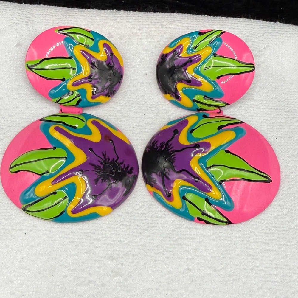 Vintage Estate Earrings Pink Neon Acrylic Pour‎ Retro 80s Punk Dangle